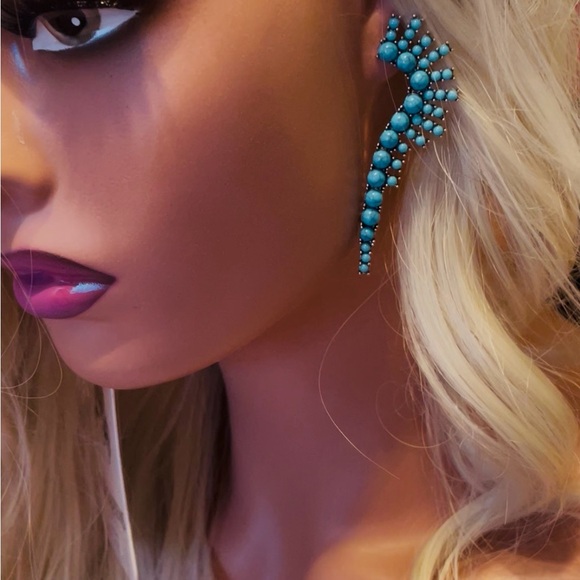 Turquoise Stone Cluster Dangle Earrings Boho Western Statement Drop Earrings - Picture 4 of 4